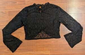 Black Lace Crop Top Bell Sleeve Sheer Y2K Goth Romantic Womens S